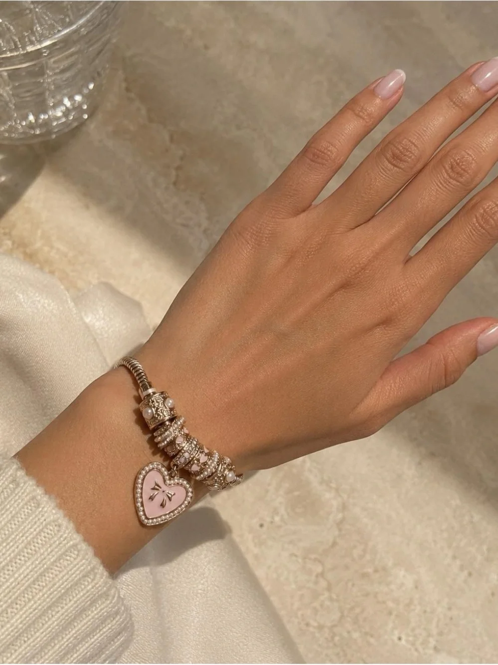 Gold Pink Heart Charm Bracelet - Women's Jewelry